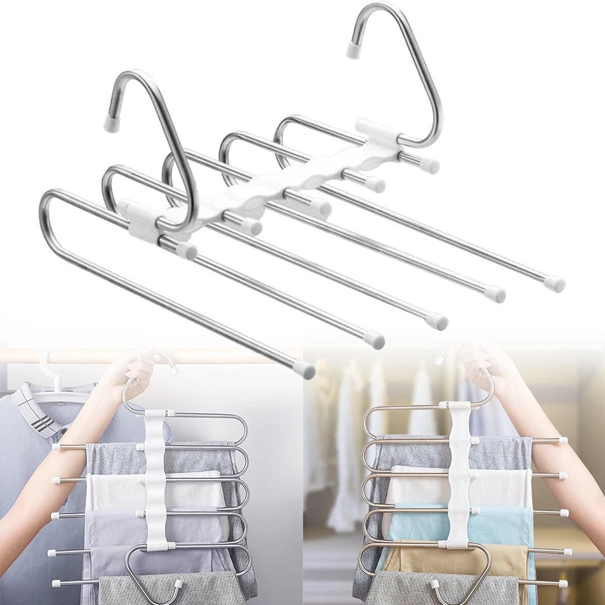 Multi Layer Pants Hanger Closet Space Saver Clothes Storage Organizer Rack UK