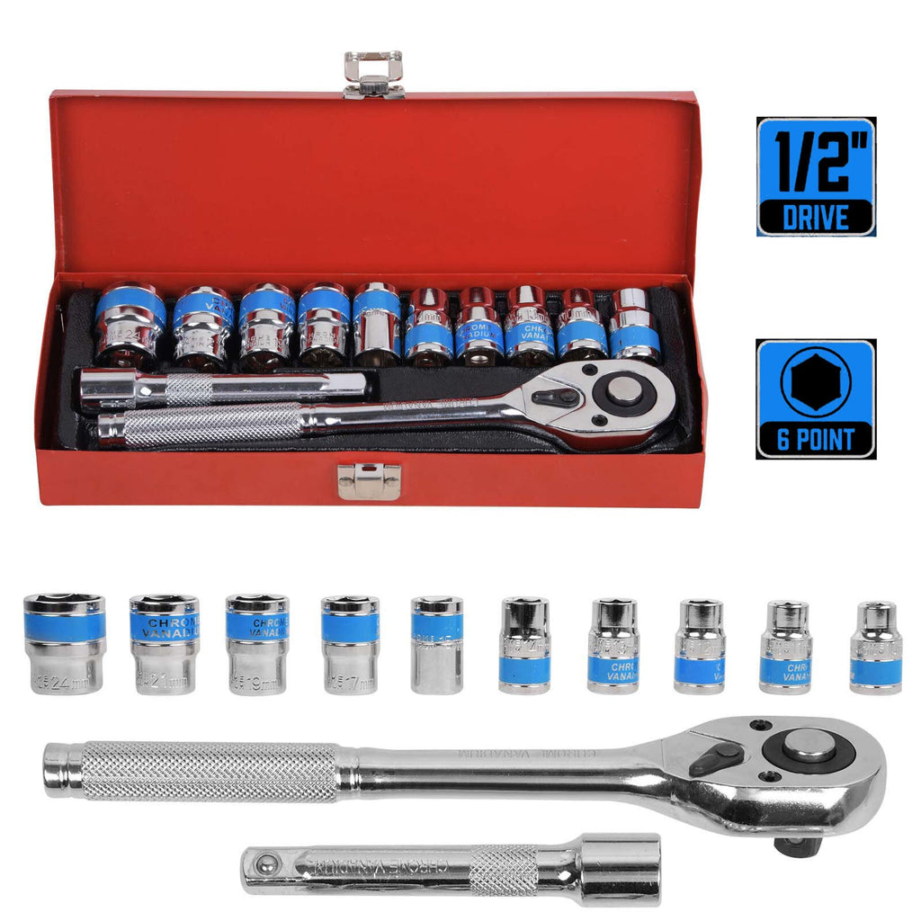 12Pc 1/2'' Socket Set 10-24mm Metric Drive Extension Ratchet Wrench Steel Case