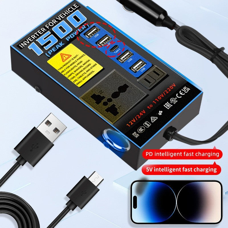 1500W Car Power Inverter Converter Adapter 12/24V to 220V1 Type-C USB 4 Socket