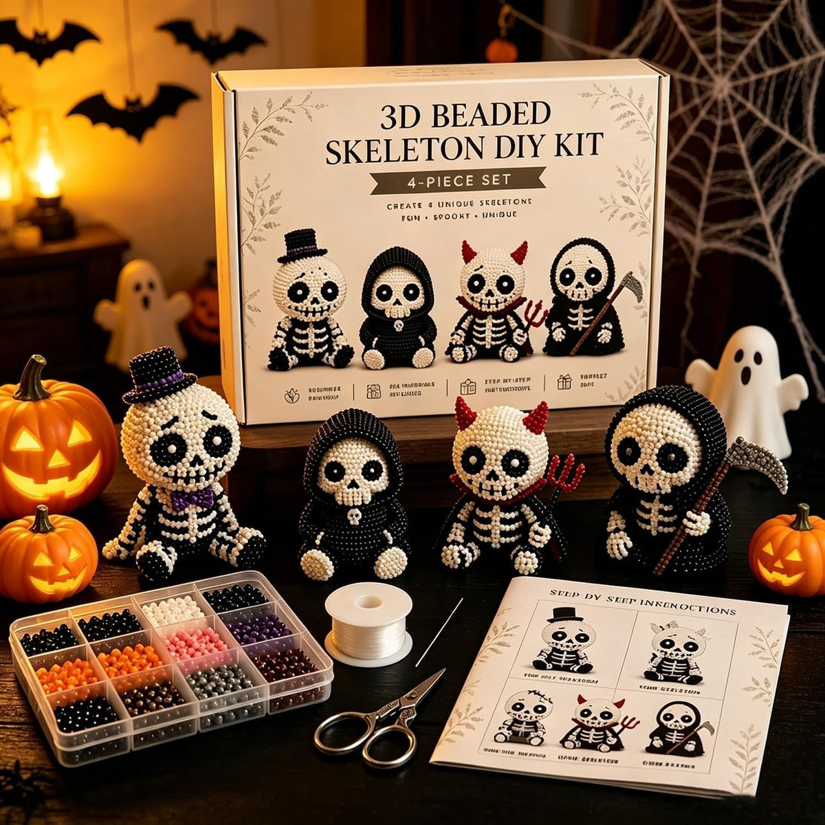 3D Beaded Skeleton DIY Kit, Tiny Beading World 3D DIY Craft Set, Handmade Art UK