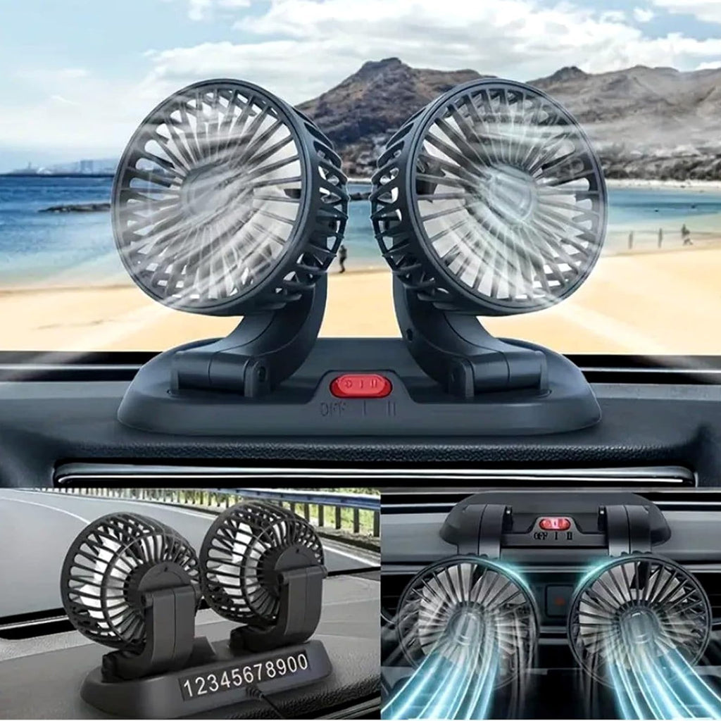 Dual Head USB Car Fan Portable Vehicle Truck 360° Rotatable Auto Cooling Cooler