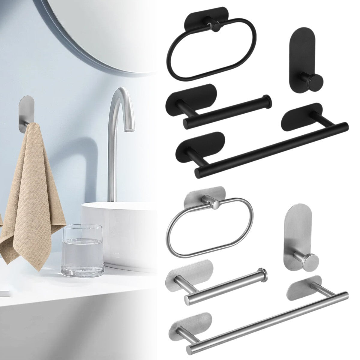 4Pcs Bathroom Accessories Kit Towel Rack Rail Bar Hook Toilet Paper Holder Set