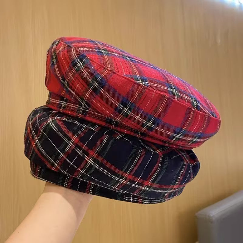 Women Striped Jacquard Beret Classic Casual Plaid Vintage Flat Top Painter Cap