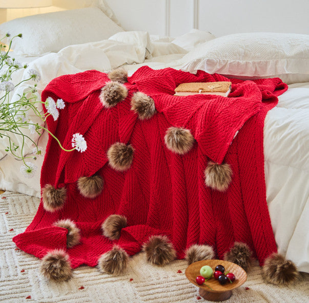 Fluffy Pom Pom Throw Blanket Knitted Sofa Bed Blankets Warm Home 130 X 160cm