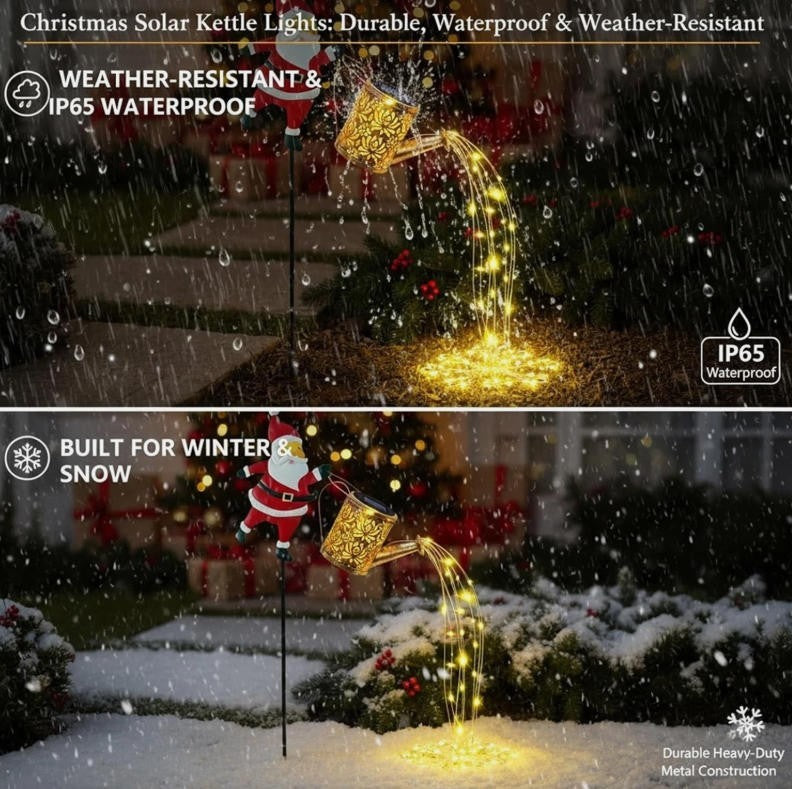 Waterproof Solar Watering Can Lights Outdoor Metal Garden  Decor Christmas Santa