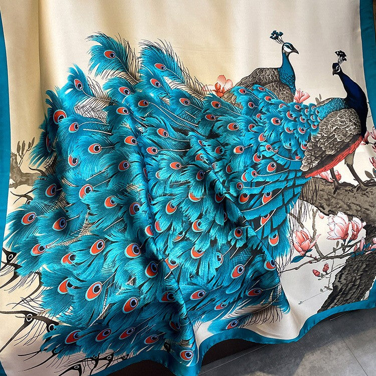Women Beach Travel Shawl Fashion Blue Peacock Feather Scarves Silk Cover Scarf