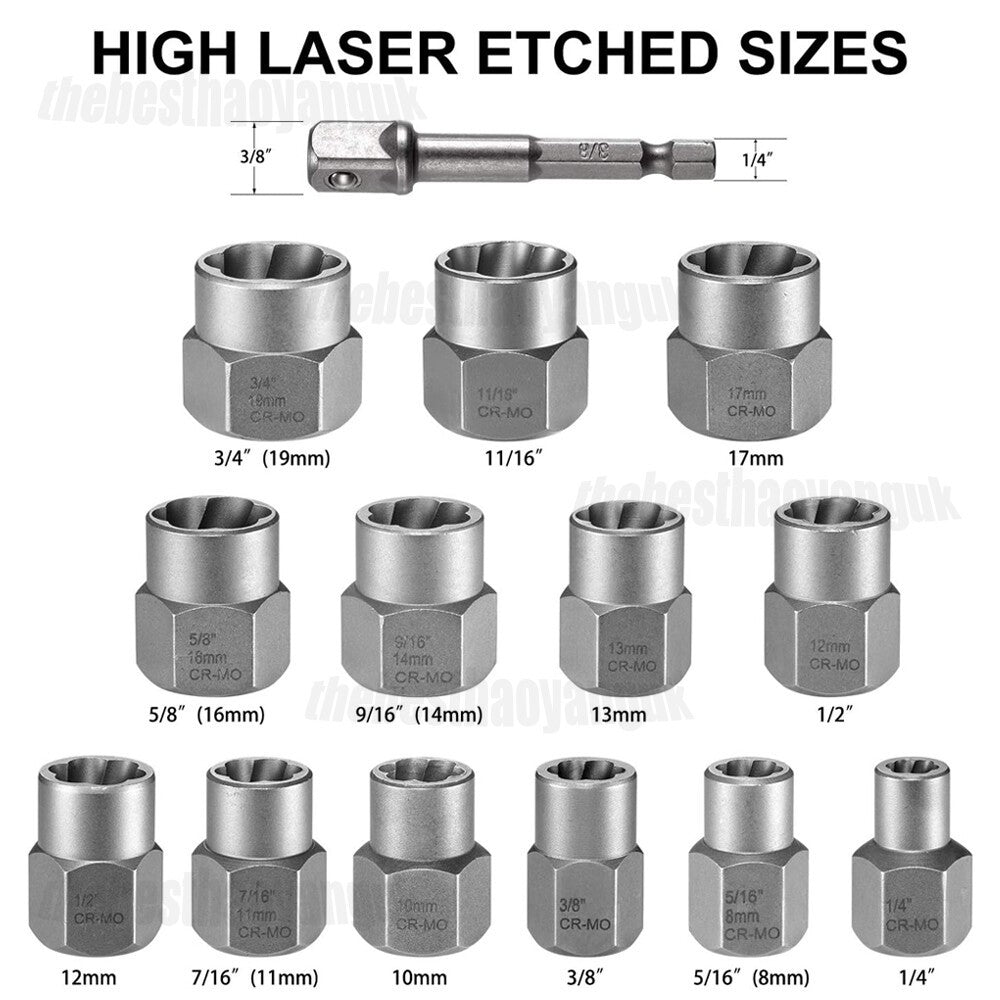 14pcs Locking Wheel Lug Nut Removal Tool Stud Bolt Impact Twist Socket Extractor