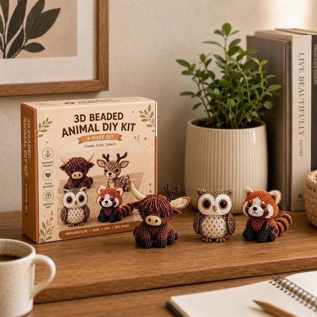 3D Beaded Animal DIY Kit, Cute Animals Bead Embroidery Kit Handmade DIY Animal