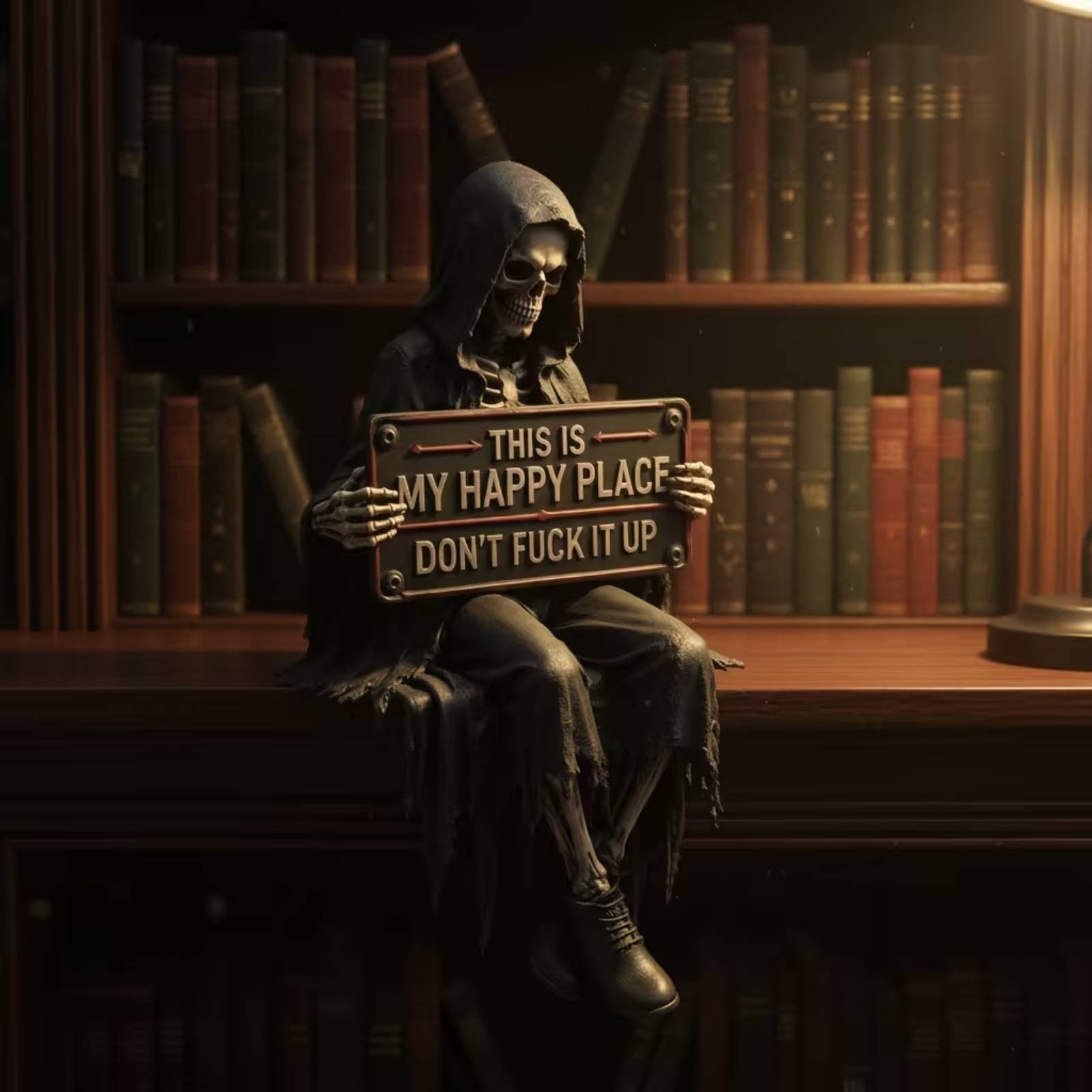 Skeleton Statue with Sign Tabletop Grim Reaper Statue Dark for Bookshelf, Goths