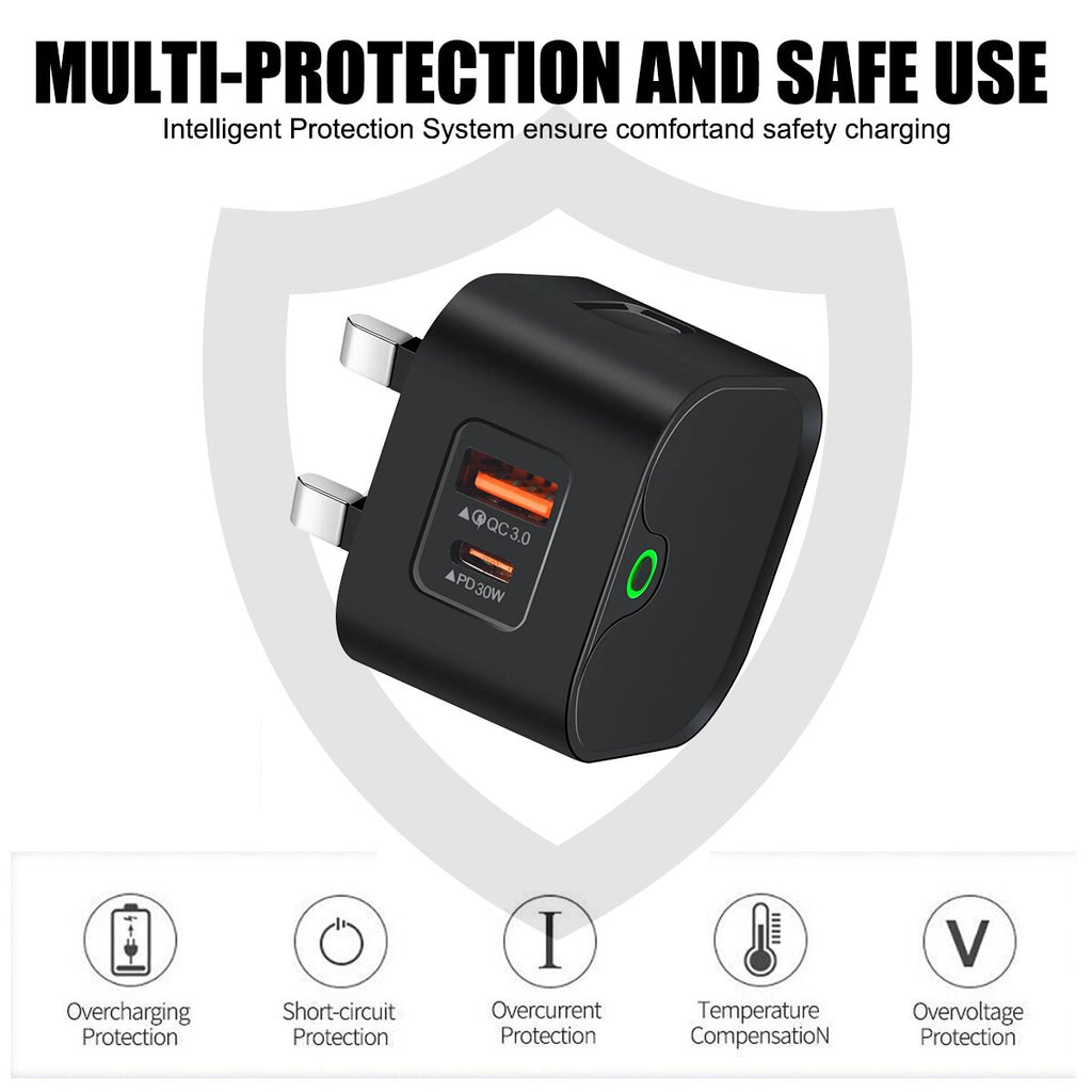30W Dual PD Type USB-C Fast Charger for iPhone 13 12 11 14 Pro Max Plus UK Plug