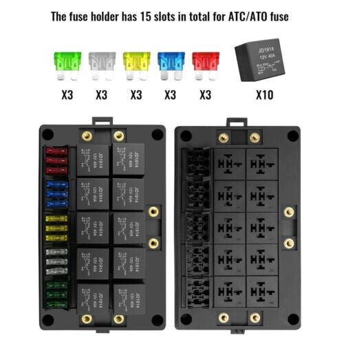 Pre-Wired Fuse Relay Box with 10X 5-Pin 40A Relays and 15X Slot for 12V Car RV