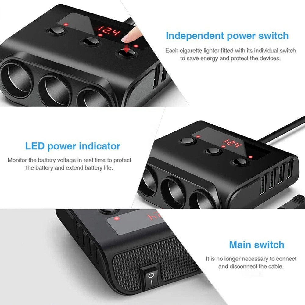 3Way Car Cigarette Lighter Socket Splitter USB Fast Charger Power Adapter 12-24V
