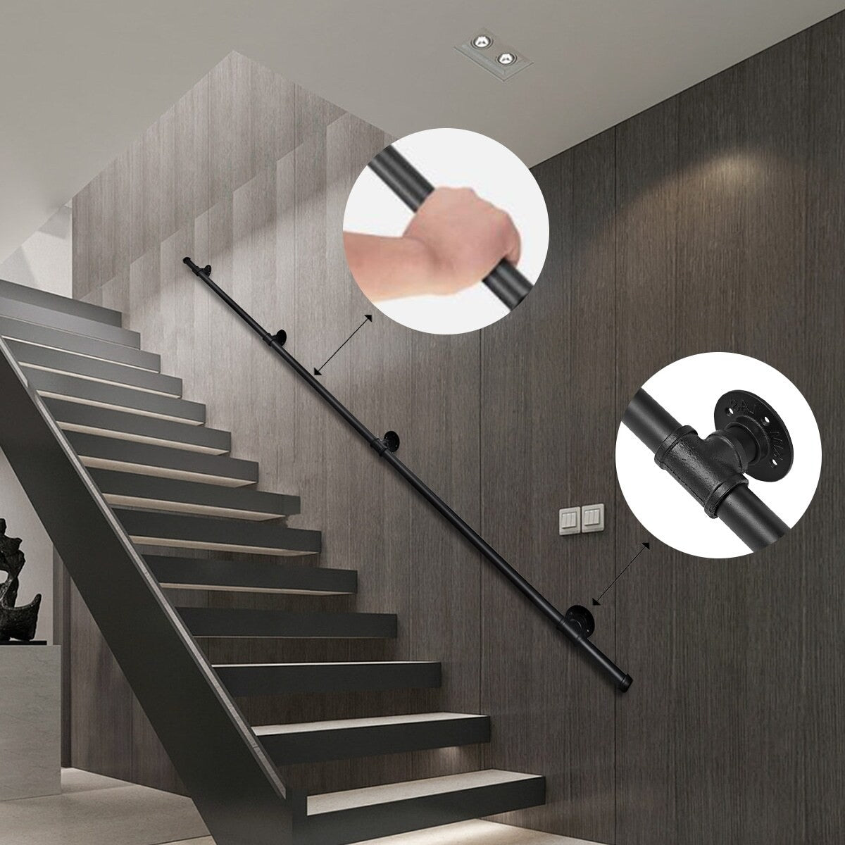 Industrial Pipe Stair Handrail Wall Mounted Grab Rail Staircase Banister Support