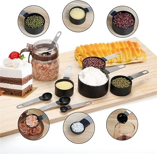 8-Piece Black Measuring Cups & Spoons Set Stainless Steel Handles Baking Cooking