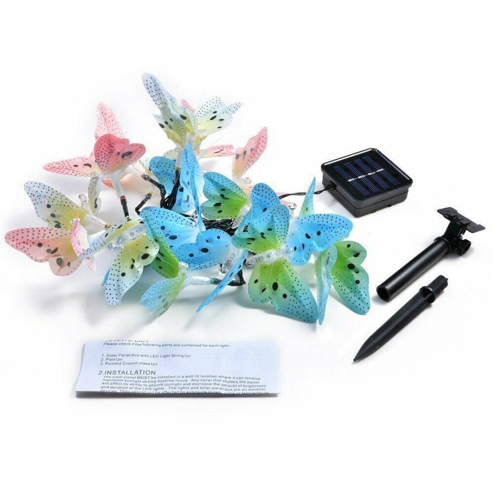 12 LED Butterfly Lights Solar Fairy Garden String Xmas Outdoor Garden Party