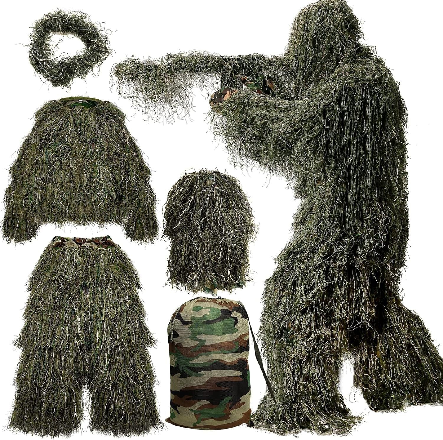 Multi-Scenario Woodland Camouflage Ghillie Suit – Adult Hunting Camouflage Gear