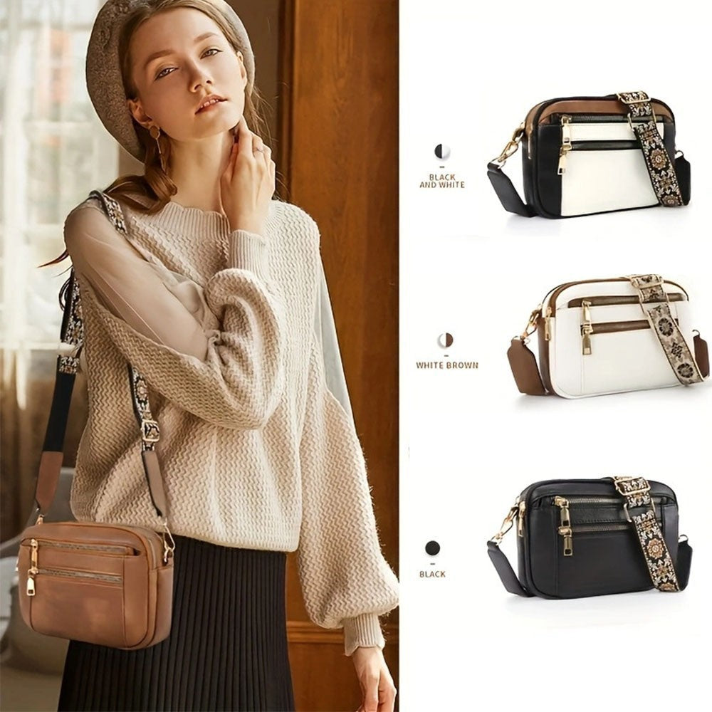 Women Leather Cross Body Bag, Wide Strap Shoulder Messenger Handbag for Ladies
