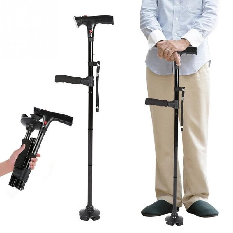 1X Elder Folding Walking Stick Walking Cane Height Adjustable LED Light Alarm