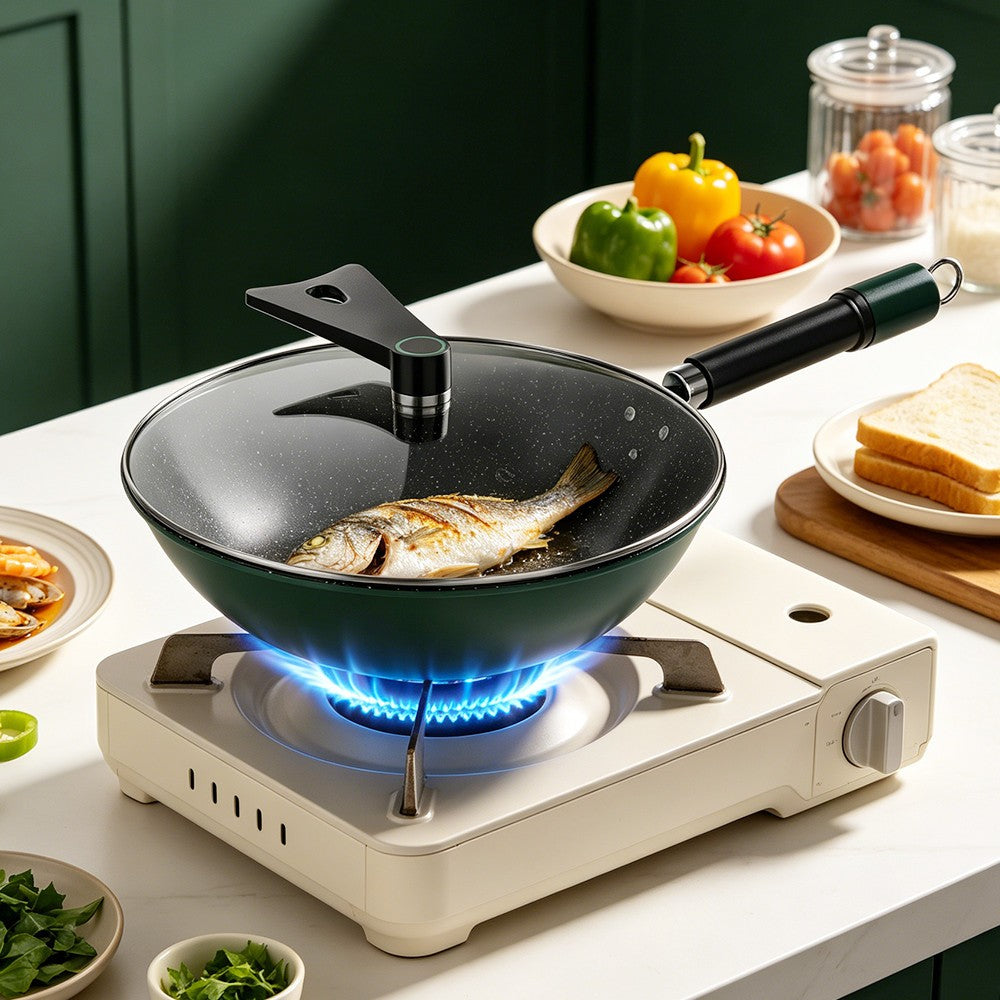 32CM Non Stick Frying Pan Wok Pan Anti-Scalding Handle w/ Lid For Gas, Electric
