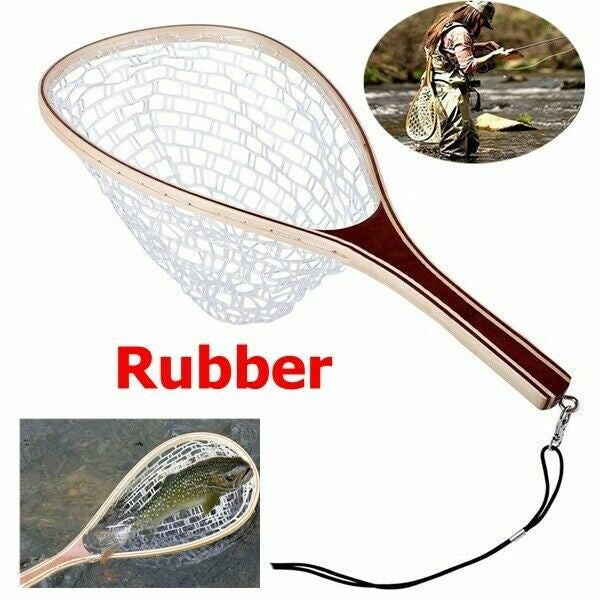 Wooden Handmade, Coarse fishing Rubber Fly Fishing trout/salmon Landing Net