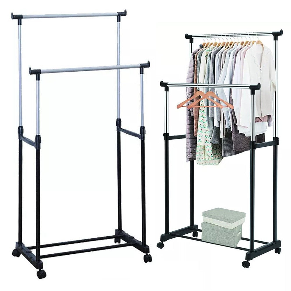 Double Clothes Rail Storage Garment Shelf Adjustable Hanging Display Stand Rack