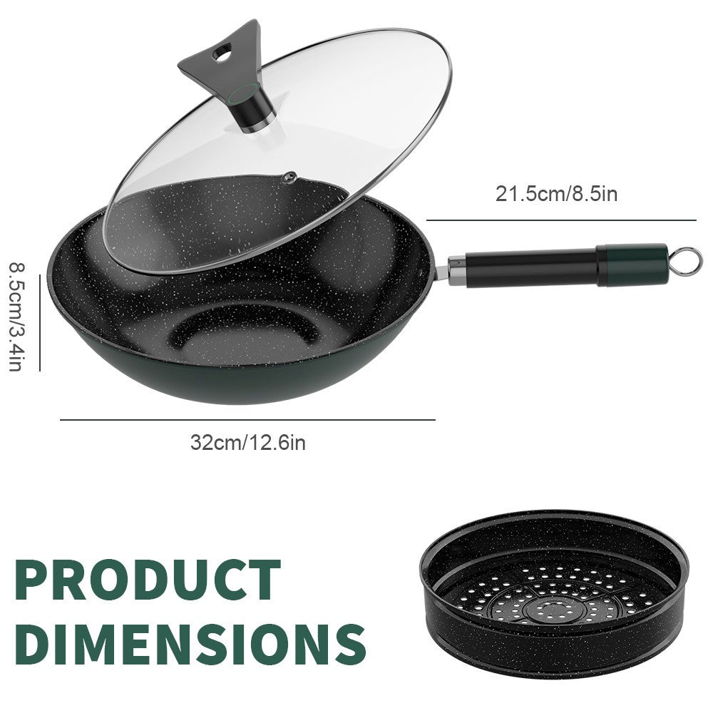 32CM Non Stick Frying Pan Wok Pan Anti-Scalding Handle w/ Lid For Gas, Electric