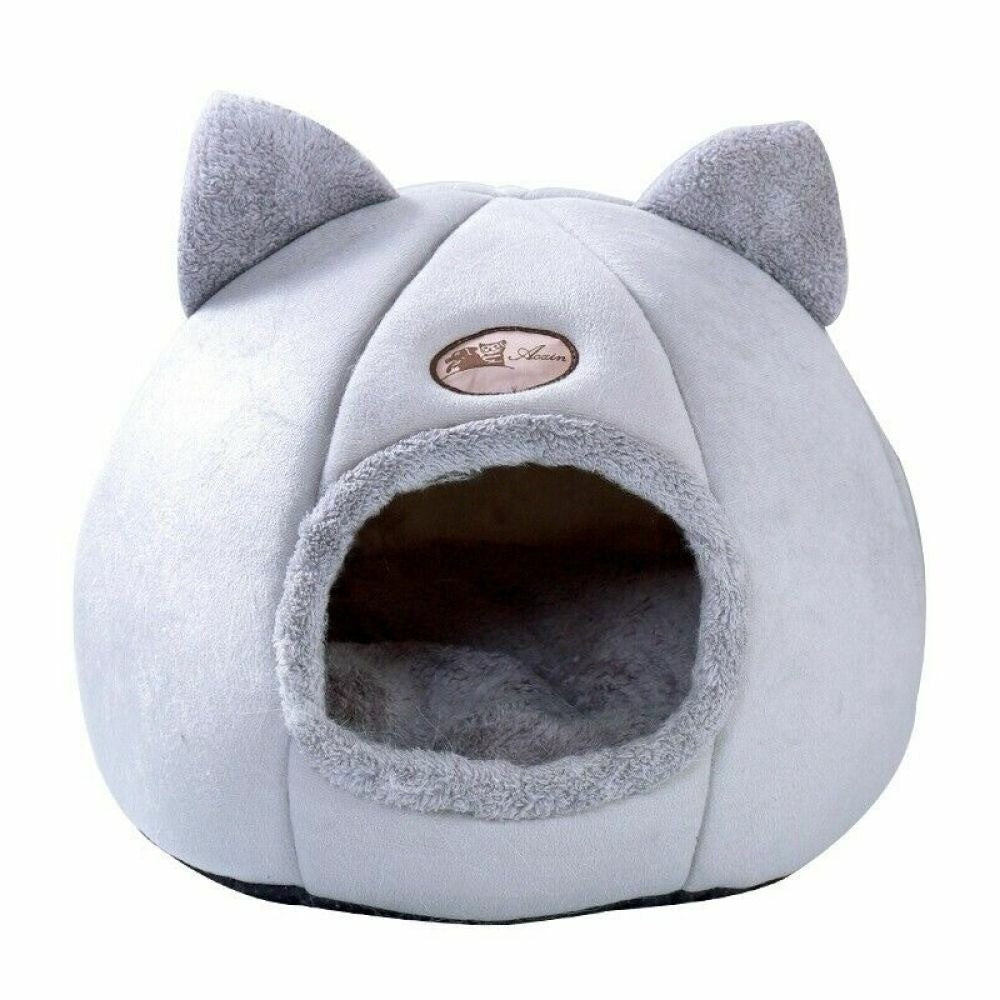 Large Cat Bed Cave Small Wool Cozy Pet Igloo Bed Winter House Nest Kennel Grey