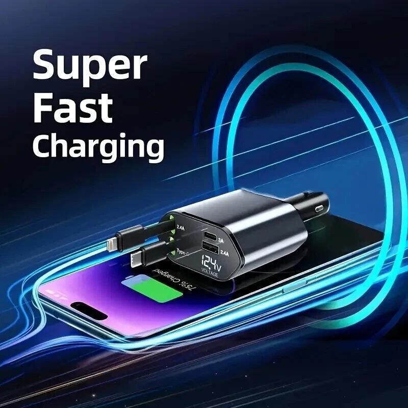 Retractable Car Charger 4IN1 120W USB Type C Cable For Phone Fast Charge Adapter