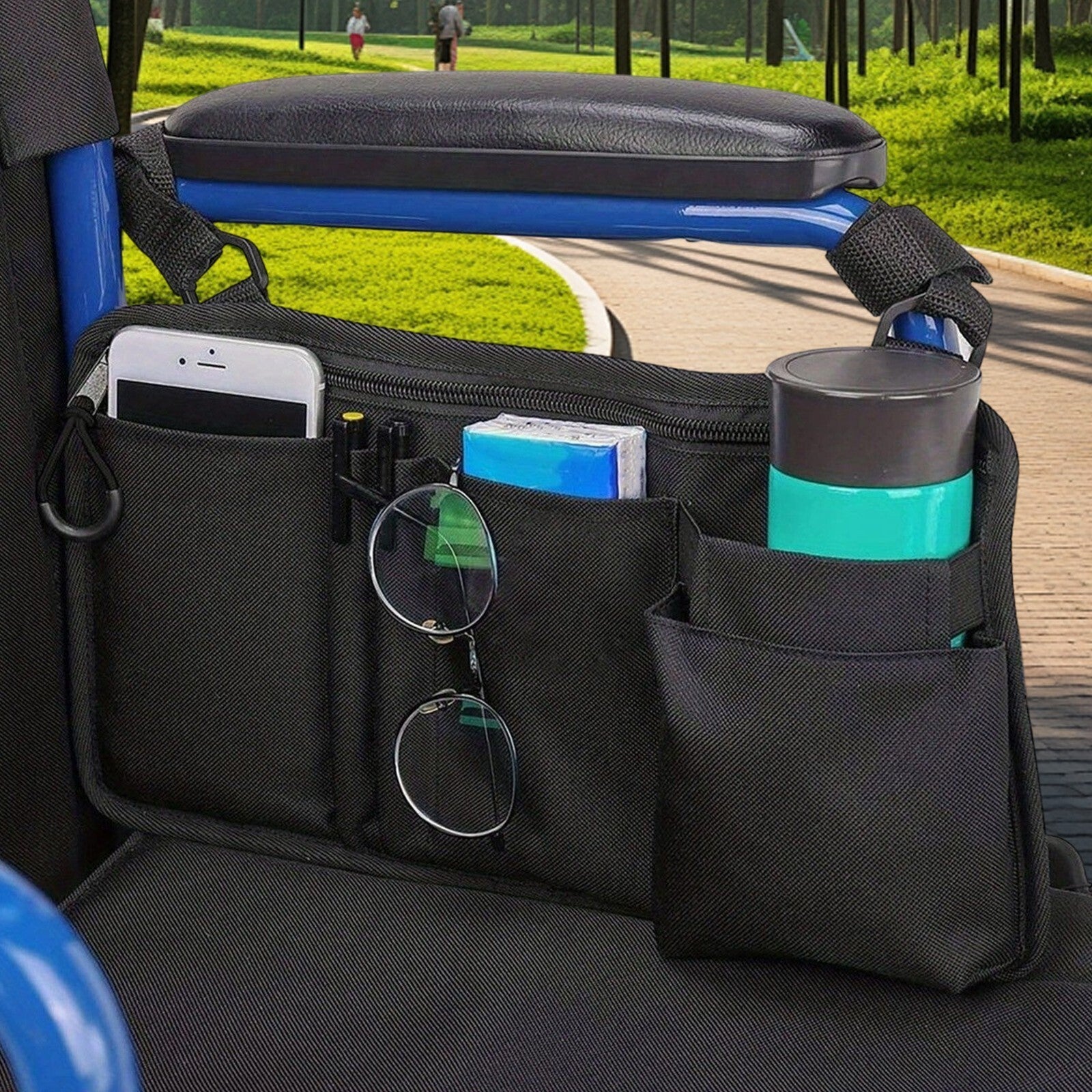 Wheelchair Armrest Side Storage Bag Cup Holder Multi Pocket Organiser Accessory