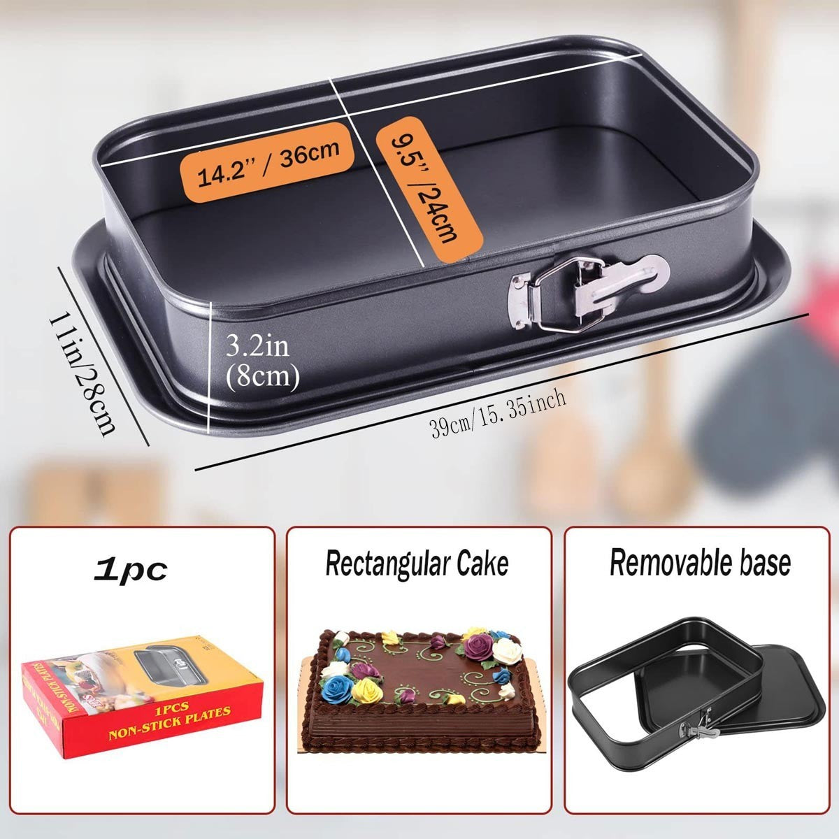 Cake Tin 39 x 28 cm Rectangular Non Stick Spring Form Baking Bake Tray Bakeware