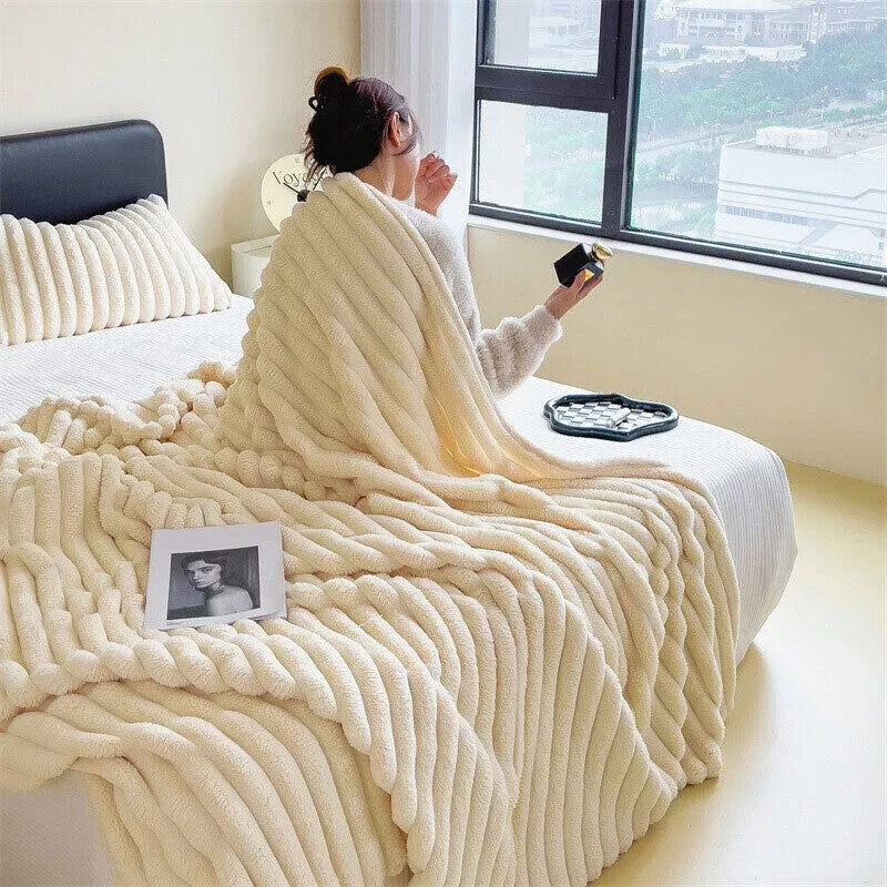 Ribbed Soft Fleece Throws Chunky Cord Blanket Faux Fur Warm Sofa Bed Blanket UK
