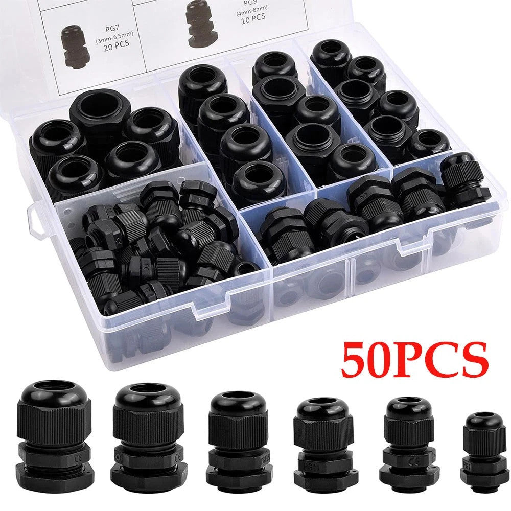 50Pcs Waterproof Nylon Cable Gland Kit IP68 Joints Adjustable Locknut Tool Set