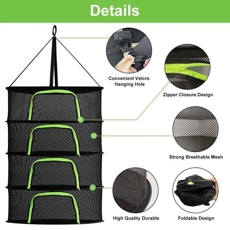 4 Layers Drying Rack Herb Hanging Net Dryer Folding Bag Mesh Hydroponic Plant UK