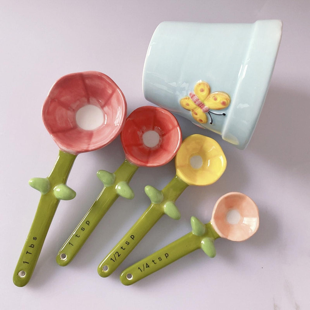 Ceramic Flower Pot Measuring Spoon Set with Base Household