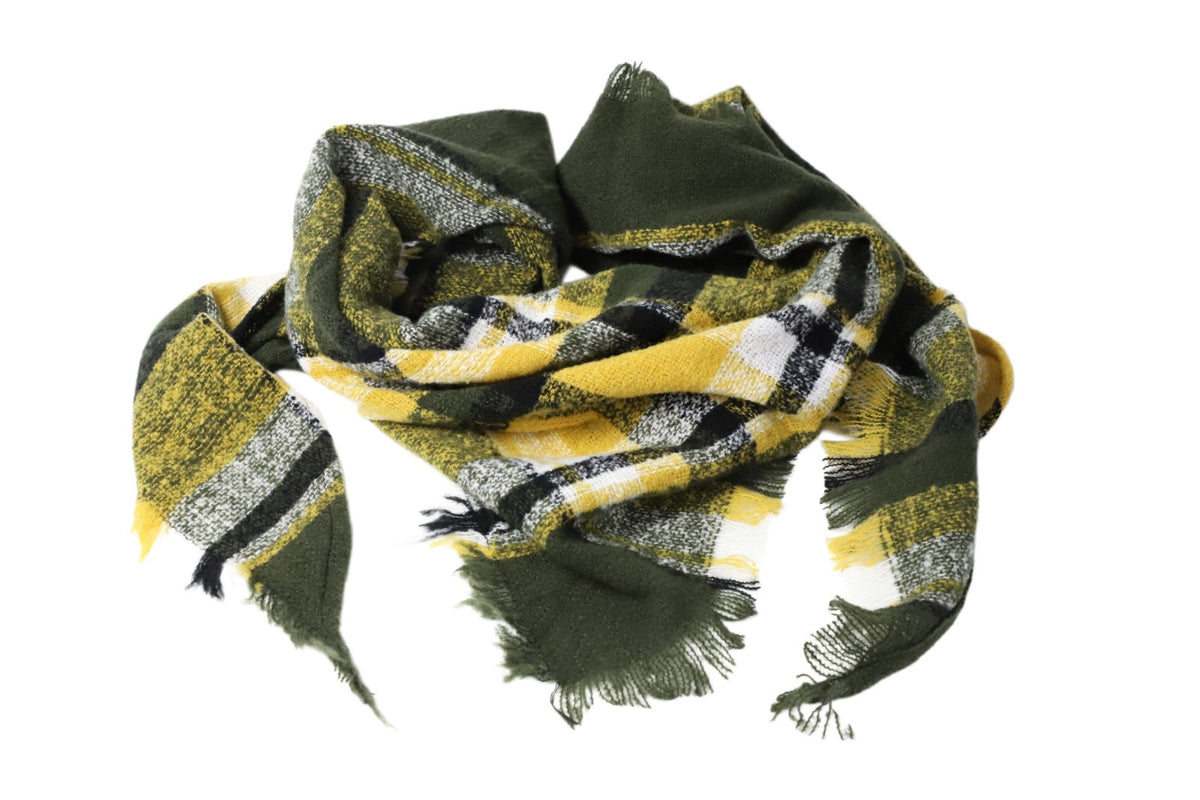 Ladies YELLOW & DARK GREEN  Pashmina Scarf Polyester Plaid Tartan Tessels Shawl