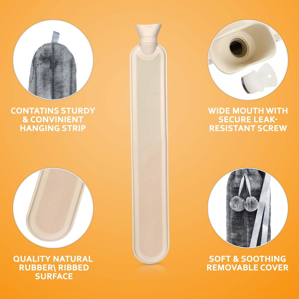 Long Hot Water Bottle With Fluffy Cover 2 Litre Extra Long Grey - 75cm