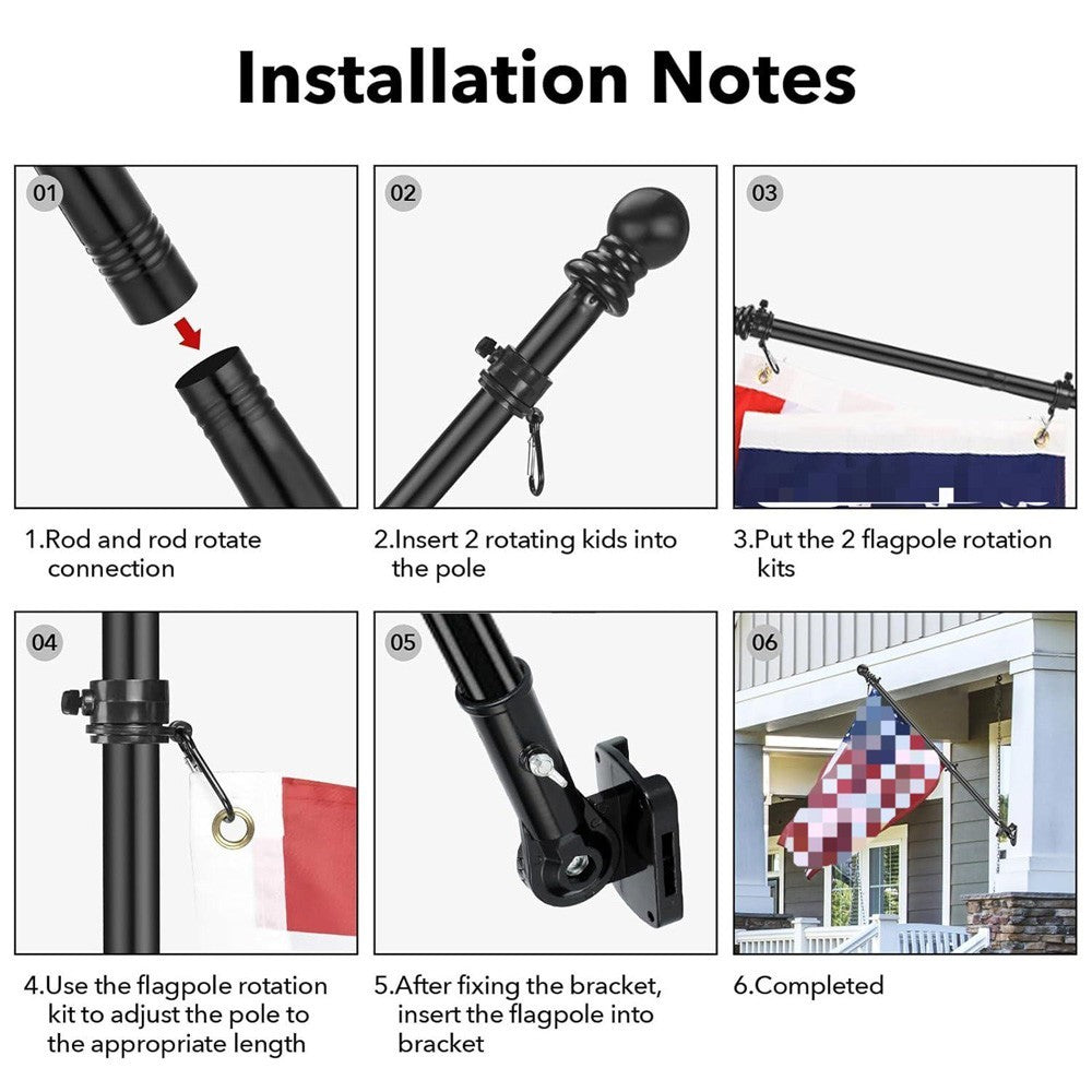 6FT Wall Mounted Adjustable Flag Pole Kit Black Stainless Steel Mounting Bracket