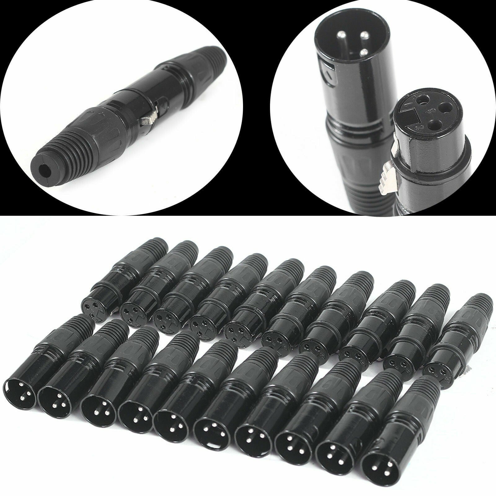 20x XLR 3 Pin Male Female Connector DMX Audio Microphone Cable Plug Black