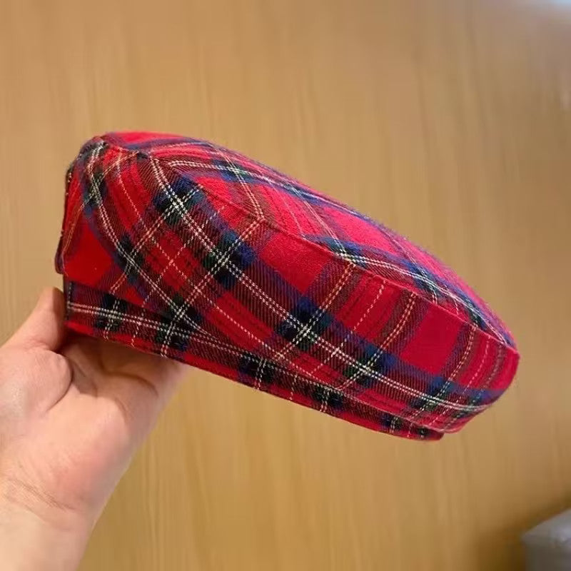 Women Striped Jacquard Beret Classic Casual Plaid Vintage Flat Top Painter Cap