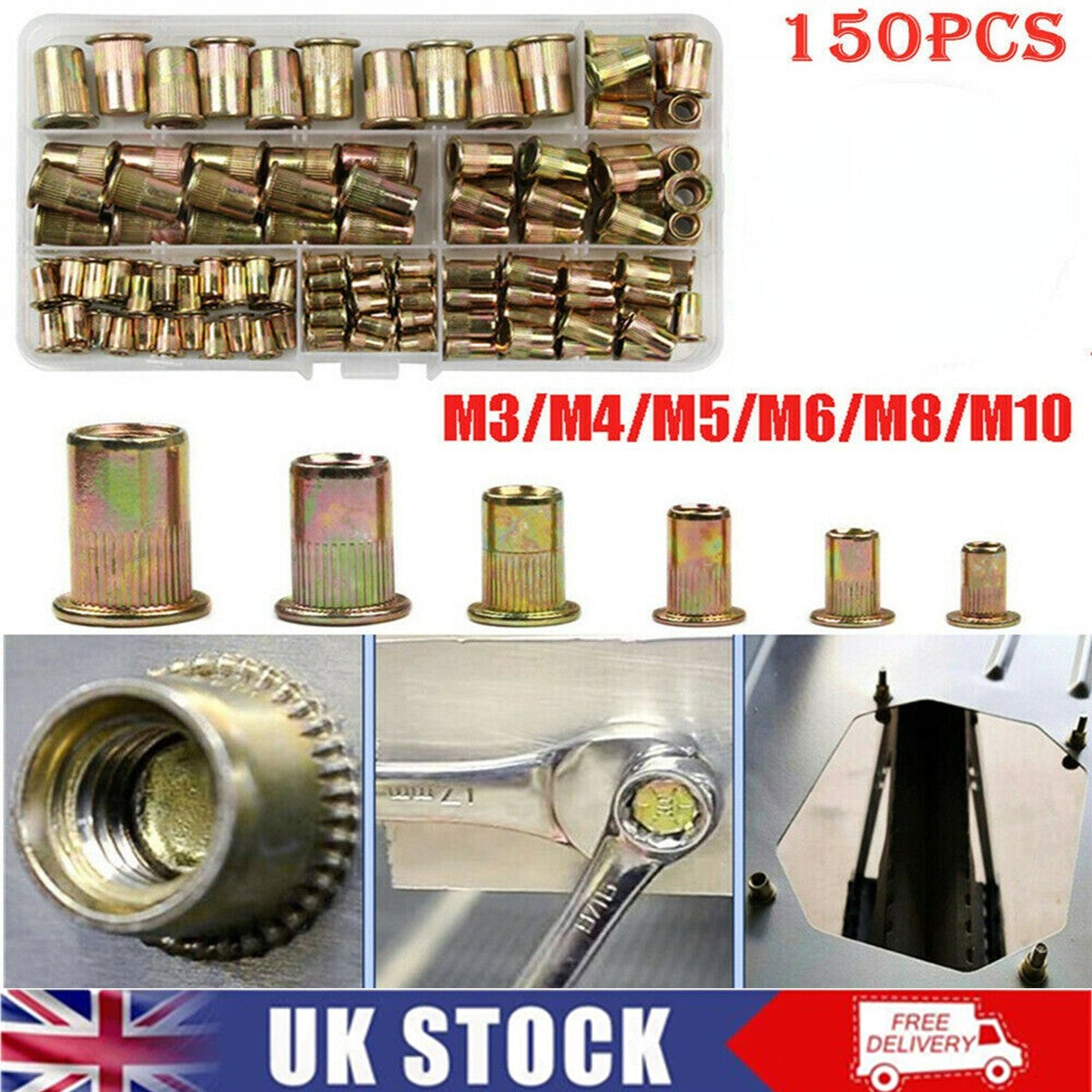 150Pcs Set Rivet Nut Kit Mixed Zinc Steel Rivnut Insert Nutsert Threaded M3-M10