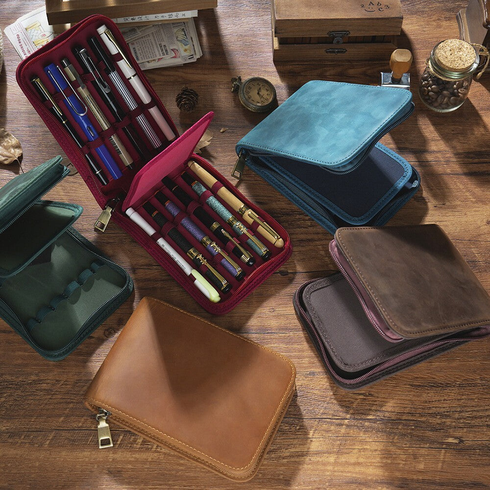 Genuine Leather 12 Slots Fountain Pen Case Stationery Pen Storage Bag Organizer