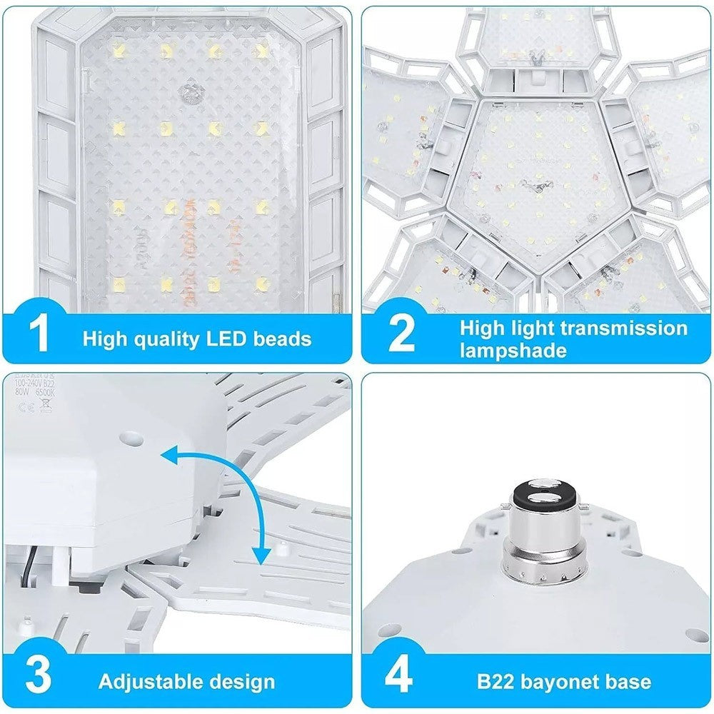 80W LED Garage Bulbs B22 9000Lm 6500K Deformable Lamp with 5 Panels