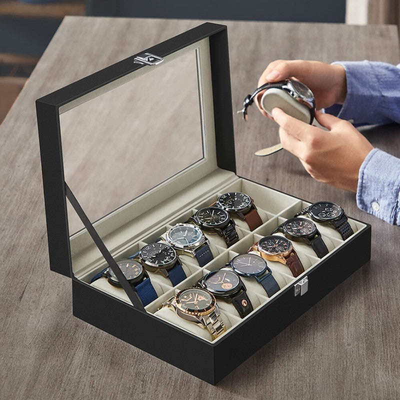 Mens 12 Grids Watch Display Case Watch Box Collection Storage Holder Box Women