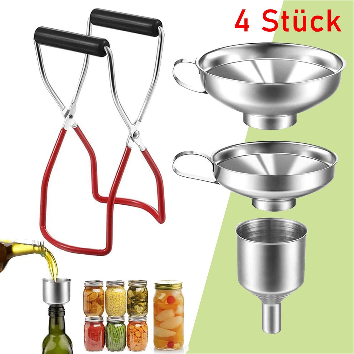 Stainless Steel Funnel Can Lifting Tongs Set Canning Hoppers Filter Jar Lifter