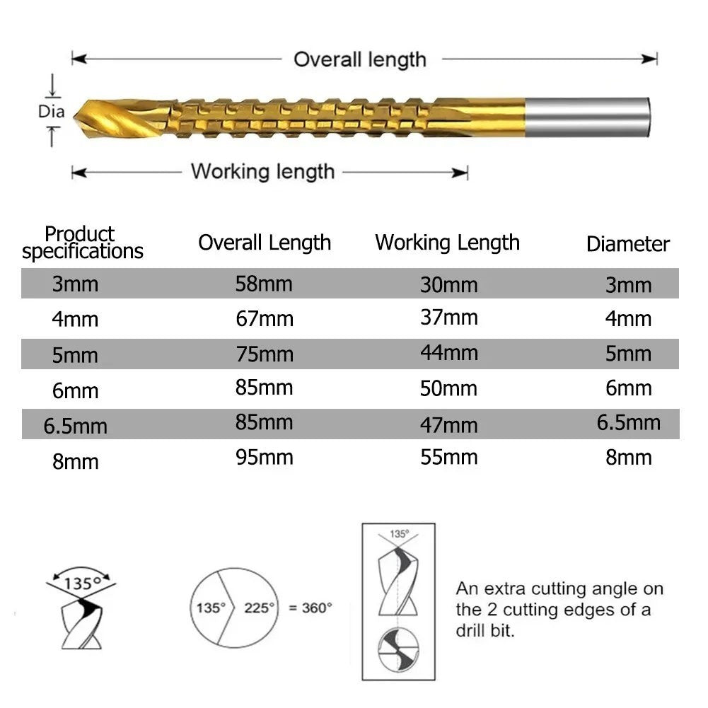 6PCS/Set Titanium Coated Drill Bit Spiral Jagged Saw Drill Bit Composite8158
