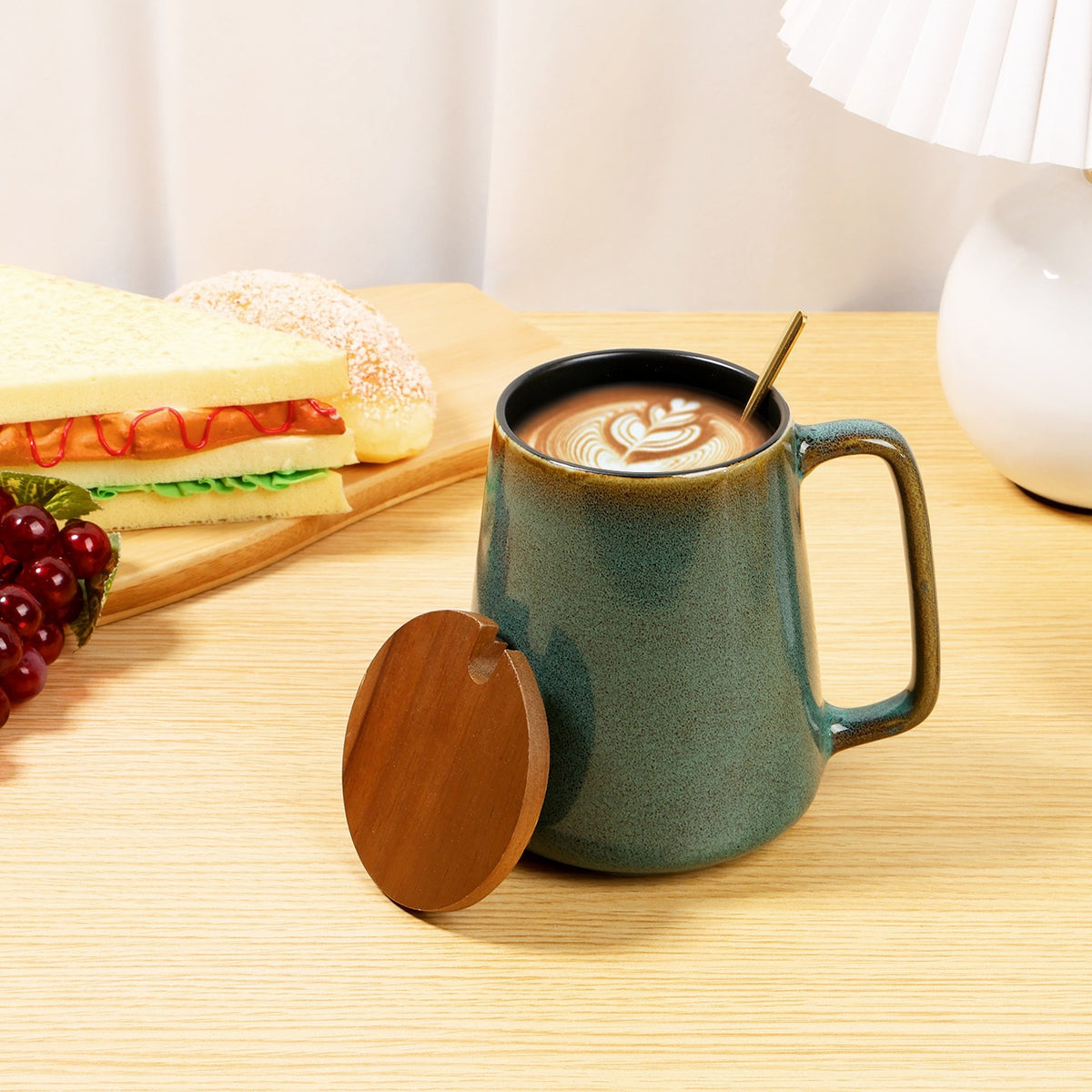 Large Ceramic Coffee Mug 24 OZ Coffee Cup with Spoon and Wood Lid
