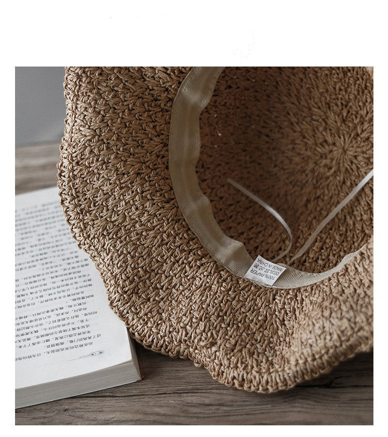 Women's Straw Bucket Hat Brim Sun Hat Crochet Floppy Beach Hat with Ruffled Bow