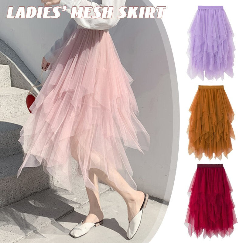 *Women's* Vintage Solid Color Layered Irregular Mesh Skirt Tulle Bubble Skirt.