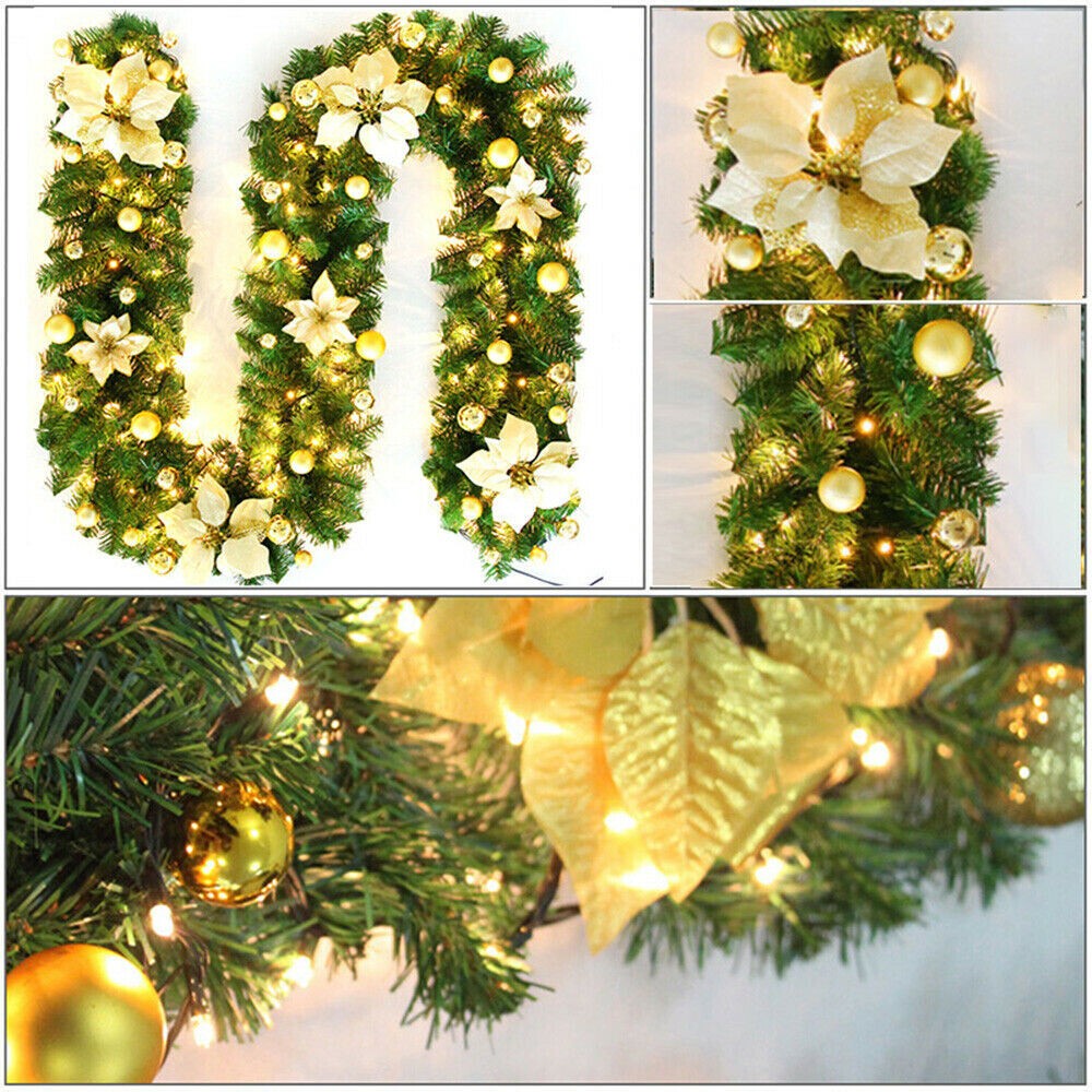 9FT Pre Lit Christmas Garland with Lights Door Wreath Xmas Fireplace Decor LED