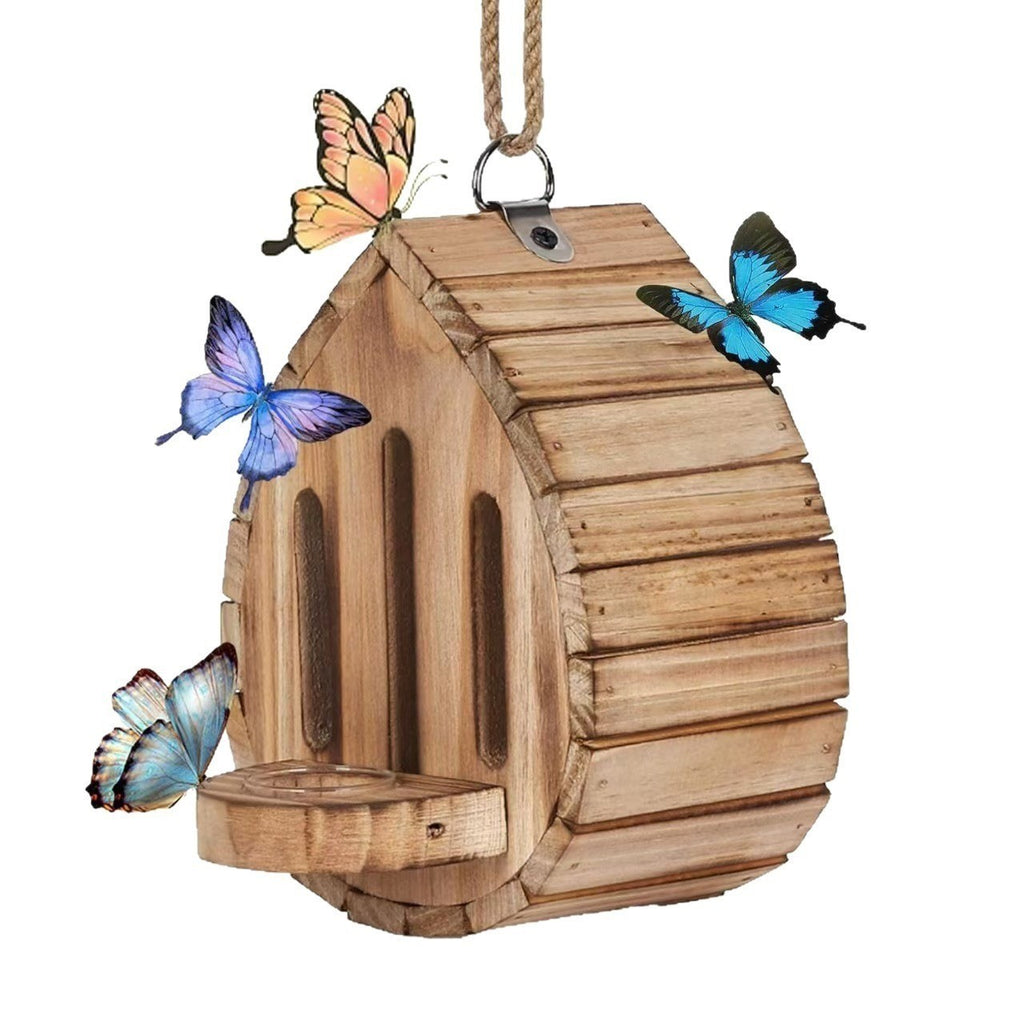 Wooden Butterfly Feeder House with Water Bath Hanging Garden Habitat Nesting Box
